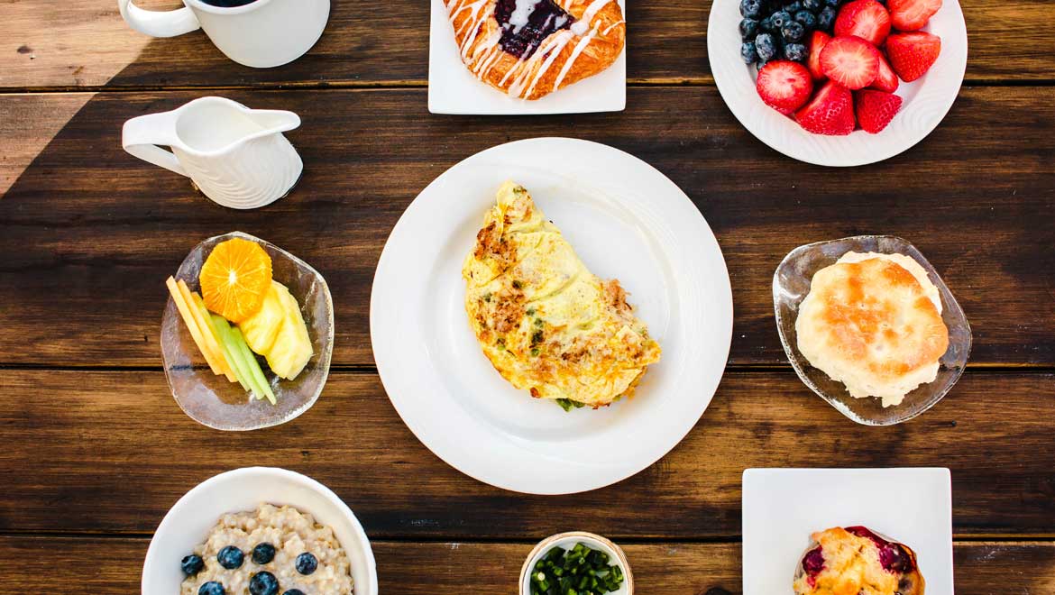 Delicious breakfast spread of food