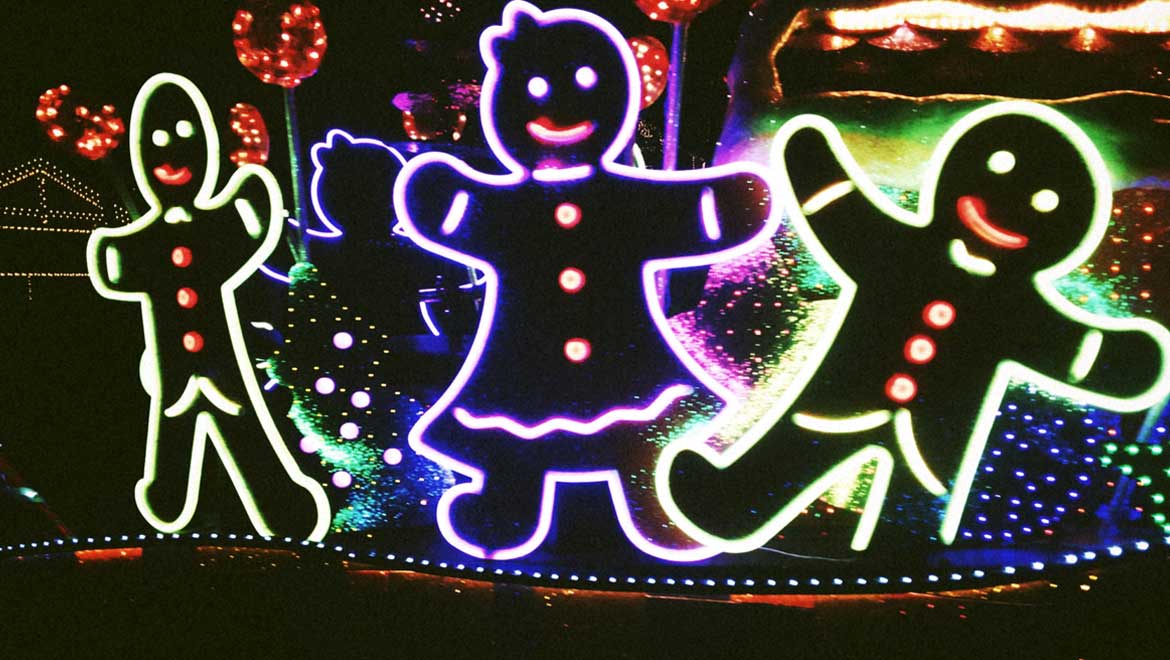 Holiday lights shaped like gingerbread men.