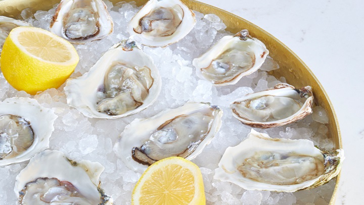 Oysters on the half shell on a bed of ice.