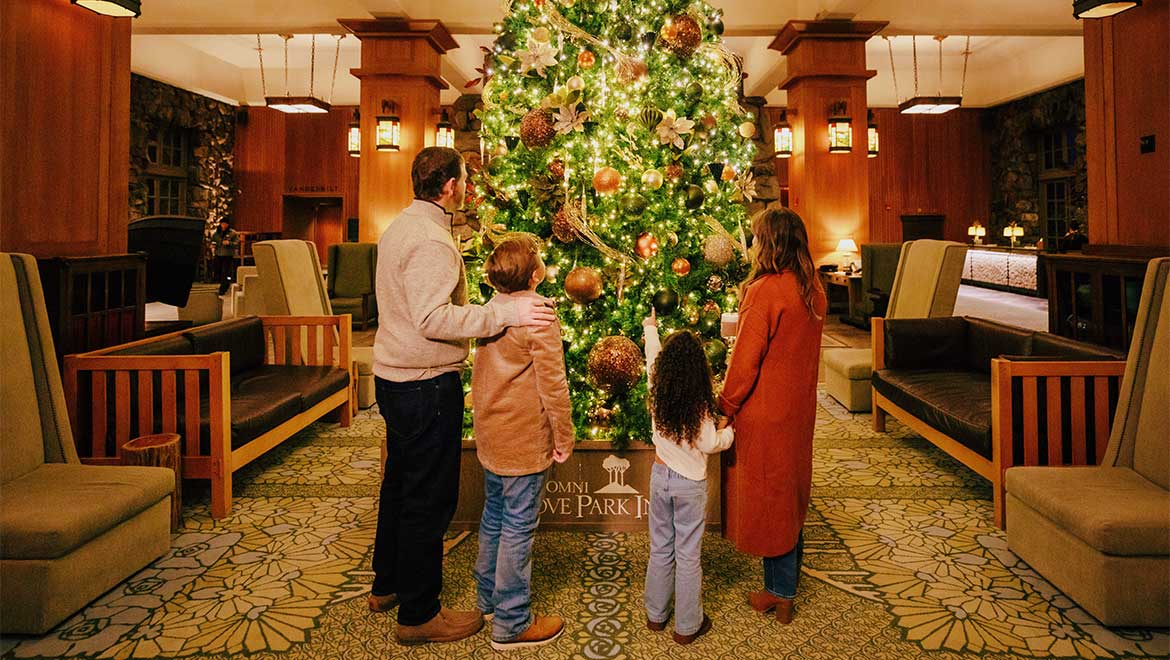 Family gathered by a Christmas tree