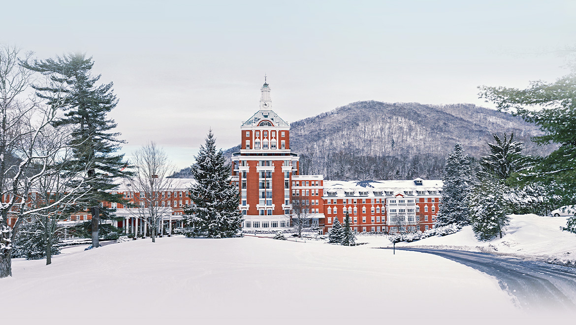 snowy hotel exterior