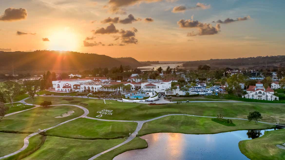 Ariel view of the resort at dusk.