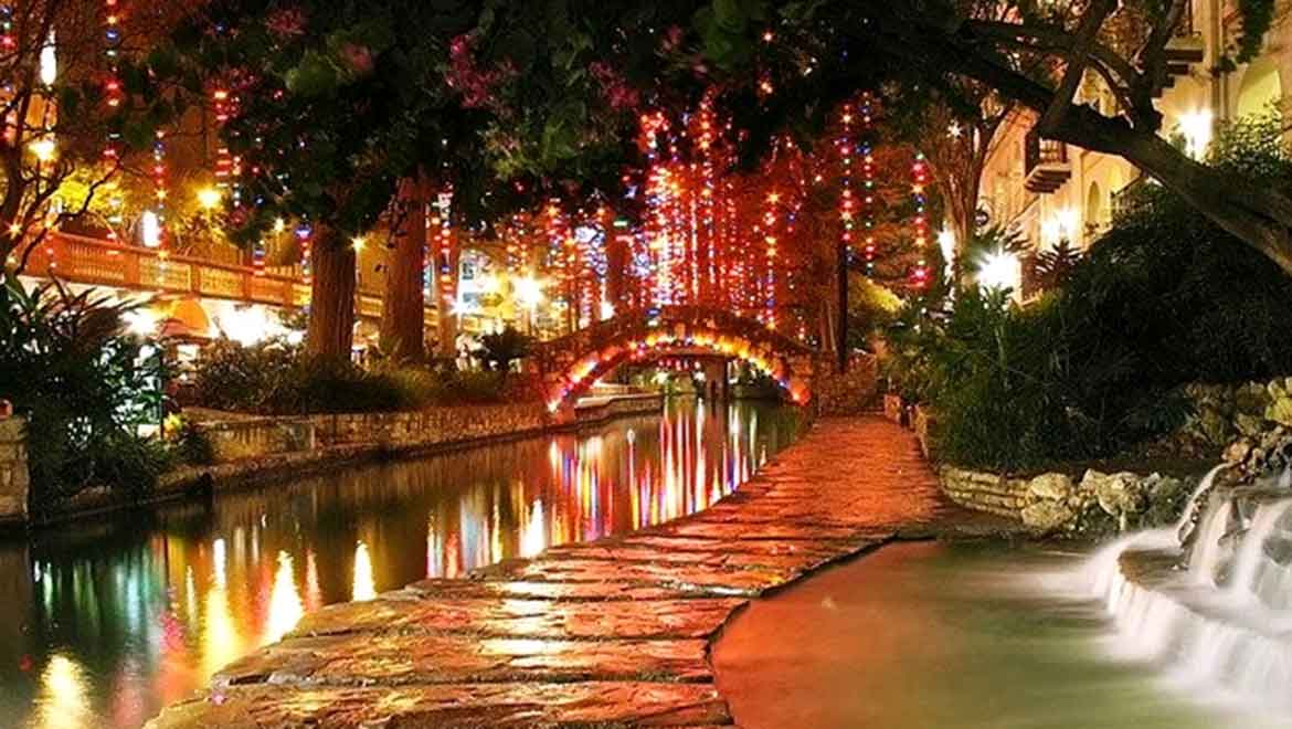 Holiday lights on Riverwalk.